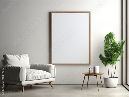 Mock up poster frame in minimalist living room interior background, cement wall,3D render © Wevan Graphic
