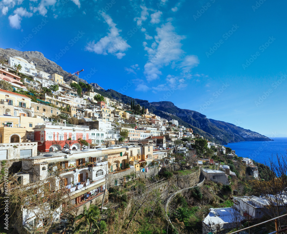 Amalfi town coast view on rocky hill, Italy.