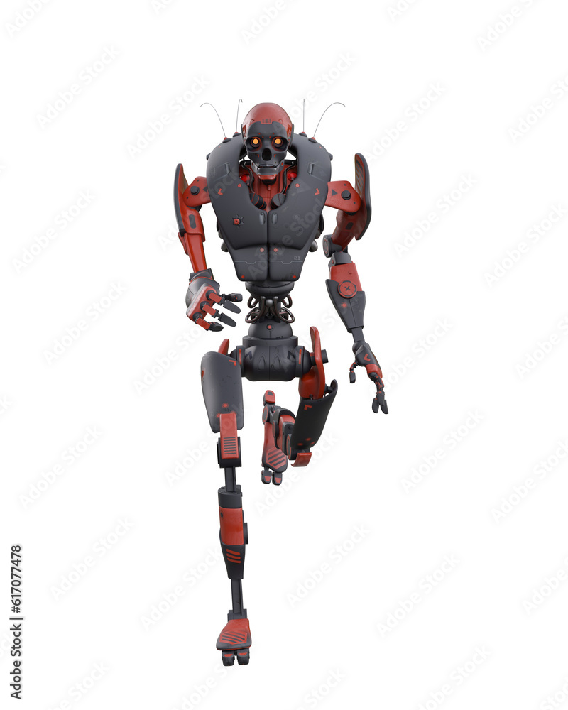 Robotic droid futuristic mechanical soldier with glowing yellow eyes running towards the viewer. 3D illustration.