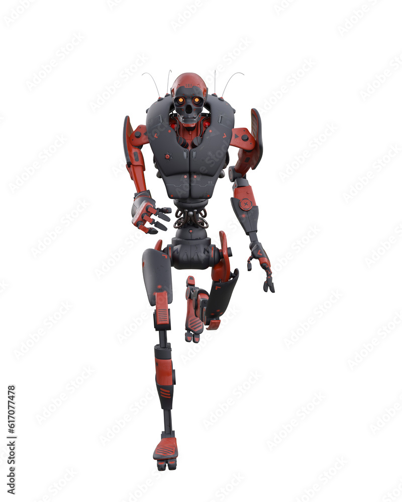 Robotic droid futuristic mechanical soldier with glowing yellow eyes running towards the viewer. 3D illustration. Robotic droid futuristic mechanical soldier with glowing yellow eyes running towards the viewer. 3D illustration.