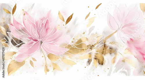 Abstract floral art background. Botanical watercolour hand painted pastel pink and gold flowers on white background. Ai generated © 18042011