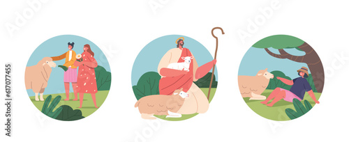 Isolated Round Icons Of Jesus Character As The Shepherd, Surrounded By Sheep And Children, On A Beautiful Summer Meadow © Pavlo Syvak