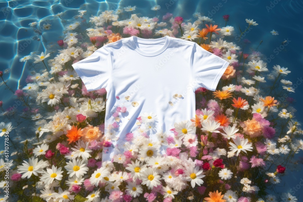 White tshirt mockup floatinf on water surface, AI Generative White tshirt mockup floatinf on water surface, AI Generative