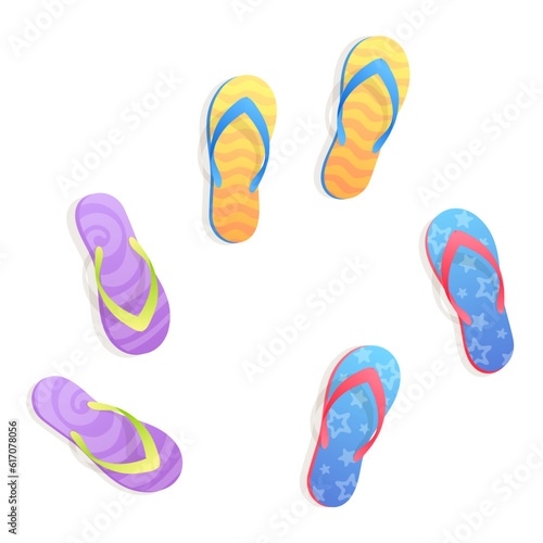 Top view of a three fashion flip flop, sandal, shoes isolated on white background. Vector illustration for card, party, design, flyer, banner, web, advertising, promotion.