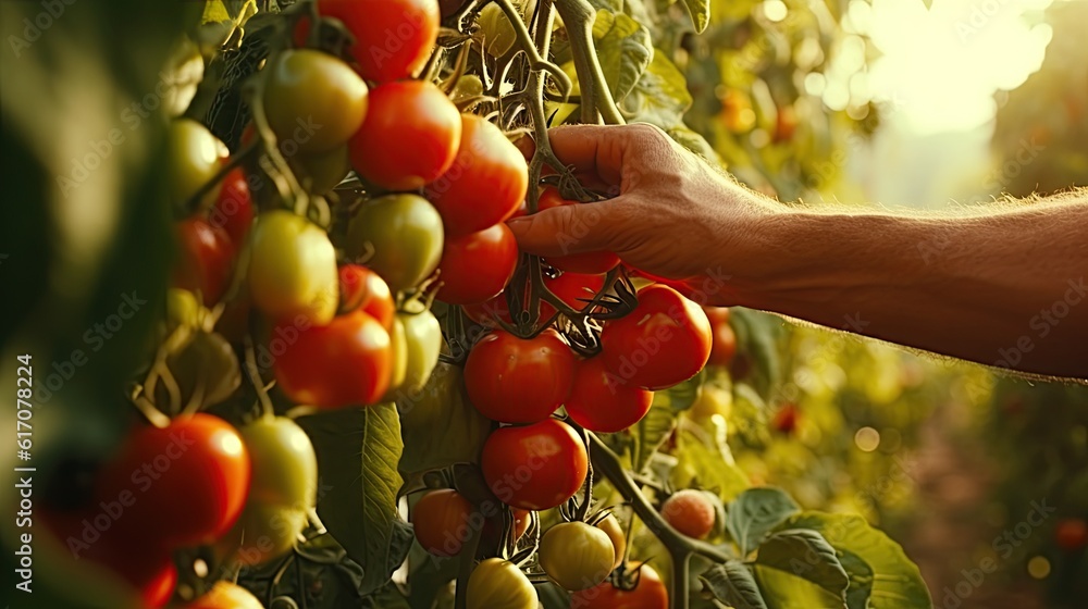 a farmer harvests tomatoes at sunset a farmer harvests tomatoes at sunset