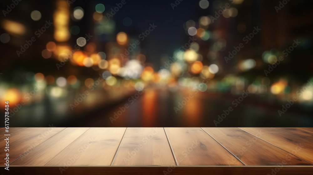A wooden table top with a bokeh cityscape in the background A wooden table top with a bokeh cityscape in the background