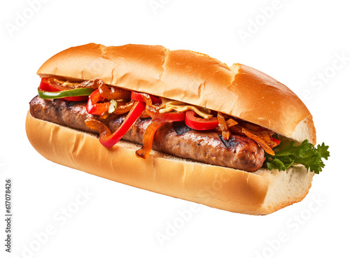 Sausage and pepper sandwich on transparent background. Generative AI.