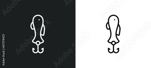 fish shaped bait line icon in white and black colors. fish shaped bait flat vector icon from fish shaped bait collection for web, mobile apps and ui.