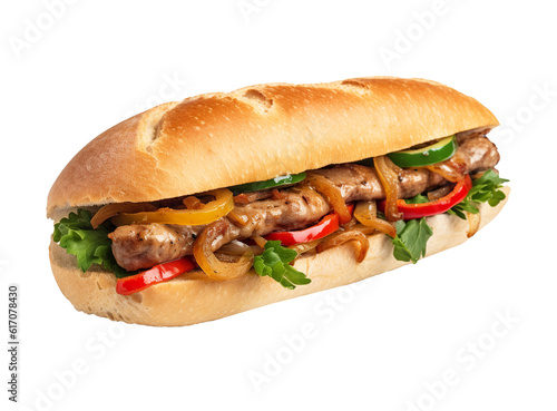 Sausage and pepper sandwich on transparent background. Generative AI.