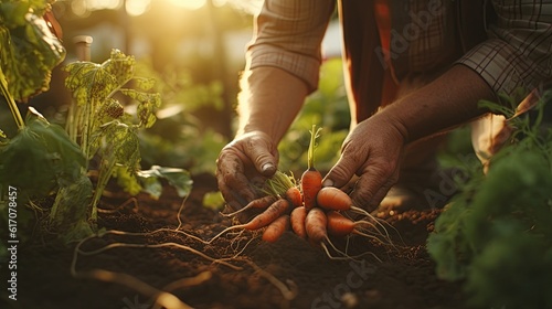 a farmer harvests carrots at sunset