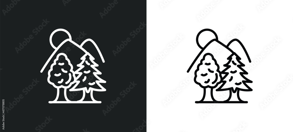 mountains with trees line icon in white and black colors. mountains with trees flat vector icon from mountains with trees collection for web, mobile apps and ui.