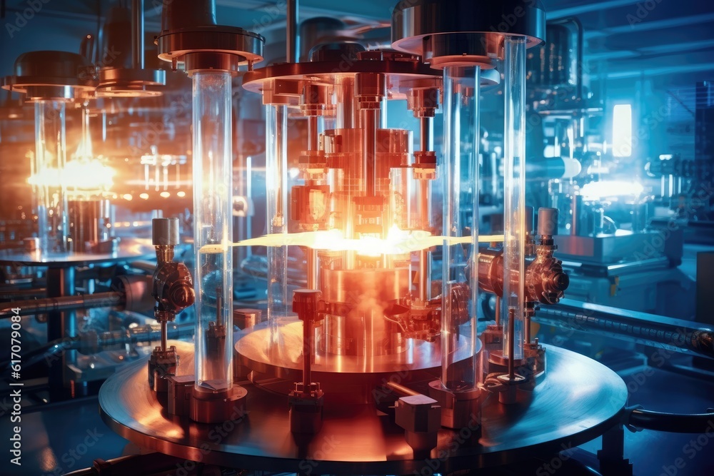 Theme of nuclear fusion. Large experimental setup in a laboratory with plasma being generated at high temperatures. Generative AI