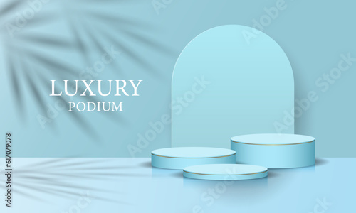 Realistic soft blue cylinder 3D room pedestal podium set palm leaf shadow overlay minimal scene product display presentation stage for showcase vector