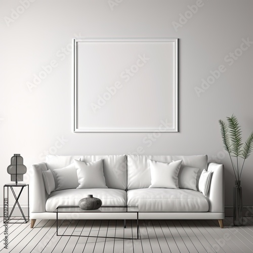 Mock up poster frame in minimalist living room interior background  cement wall 3D render