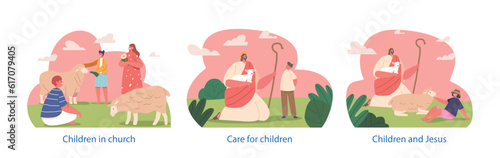 Isolated Elements With .serene Scenes Of Jesus Character As A Shepherd, Surrounded By His Flock Of Sheep And Children