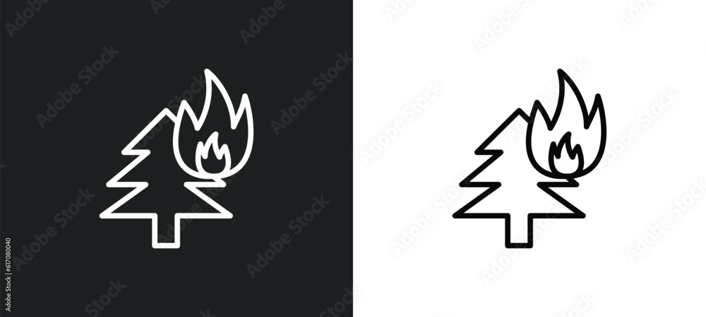 burning tree line icon in white and black colors. burning tree flat vector icon from burning tree collection for web, mobile apps and ui. burning tree line icon in white and black colors. burning tree flat vector icon from burning tree collection for web, mobile apps and ui.
