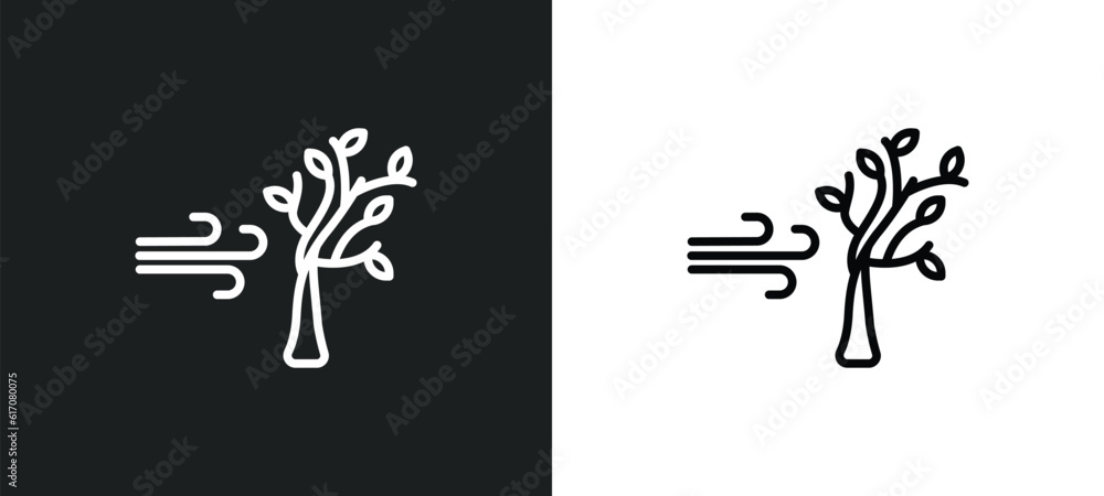 Obraz premium wind and bend trees line icon in white and black colors. wind and bend trees flat vector icon from wind bend trees collection for web, mobile apps ui.