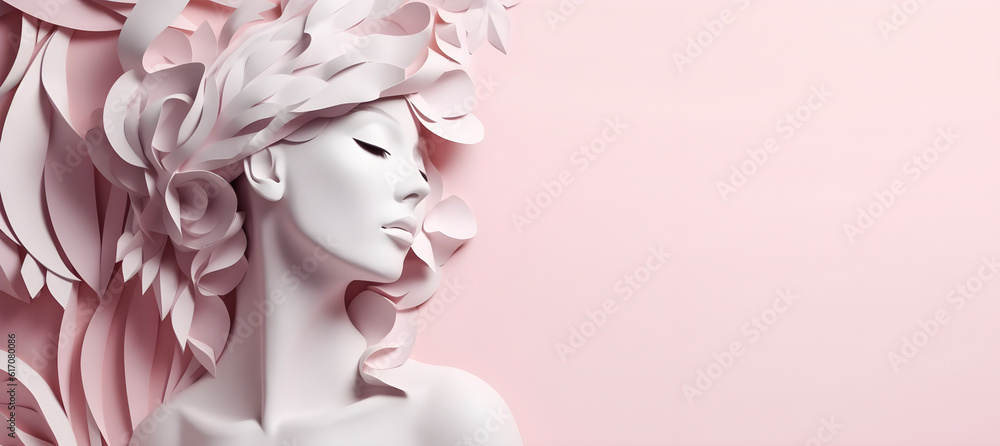 Paper art pretty women face on pastel pink background, free space, super sharp Paper art pretty women face on pastel pink background, free space, super sharp