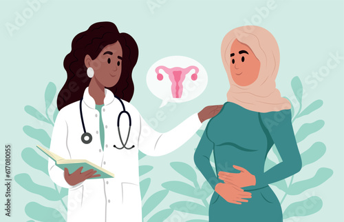 Uterine Fibroids symptoms, diagnostic and treatment. A black family doctor is talking to a muslim patient with uterine fibroids. July is fibroid awareness month. Consultation of a gynecologist.