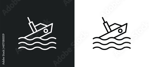 boat capsizes line icon in white and black colors. boat capsizes flat vector icon from boat capsizes collection for web, mobile apps and ui.