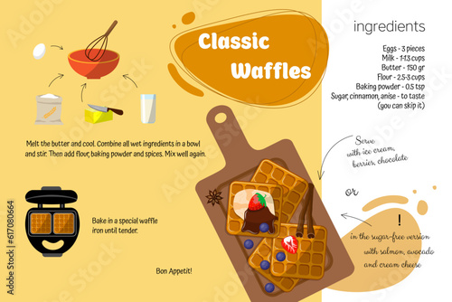 Classic waffle recipe. Home cooking book. Step-by-step instruction