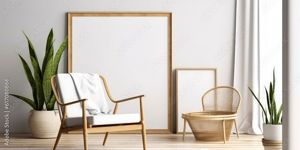 Cozy beige interior mockup with armchair, empty frame for text, green plant in pot. Contemporary apartment scene with furniture. Template for banner. Generative ai Cozy beige interior mockup with armchair, empty frame for text, green plant in pot. Contemporary apartment scene with furniture. Template for banner. Generative ai