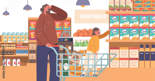 Hysterical Naughty Child Crying Loudly While Manipulating Mother Sitting In Shopping Trolley In Supermarket