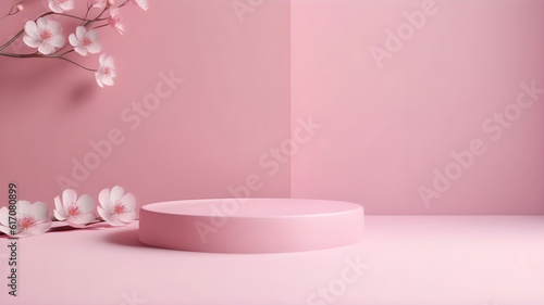 3D display podium. Pastel pink minimalistic background with pedestal stand and blooming Sakura brunch, for product display.