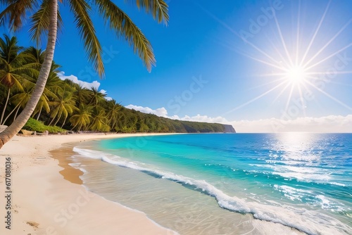 Bright sun over the paradise beach. Generative AI © BoTanya