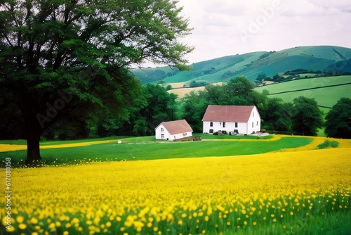 Fields with yellow flowers on the background of a peaceful landscape. Generative AI © BoTanya