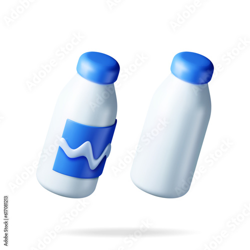 3D Glass Bottle with Milk Isolated on White. Render Realistic Plastic bottle of Milk. Milk Dairy Drink Package Container. Organic Healthy Product. Vector Illustration