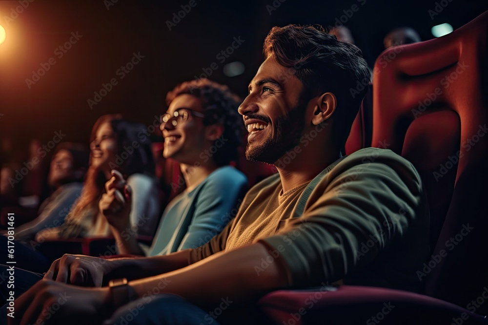 indian friends watching movie in cinema generative ai  - obrazy, fototapety, plakaty 