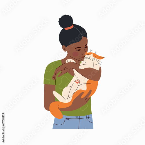 Young black woman holds and hugs the cat. Children puppies friendship. Vector flat style cartoon illustration