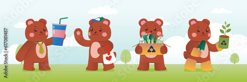 Cute Brown Bear With Reusable Bag And Tumbler, Recycle Box And Plant Tree In Good Environment, Vector, Illustration