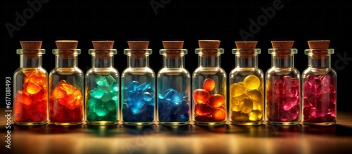 Group of colorful bottles with tablets on top of a table and dark black background, generative AI