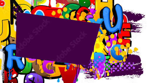 Purple Speech Bubble Graffiti Background. Colorful Urban painting style backdrop. Abstract discussion symbol in modern dirty street art decoration.