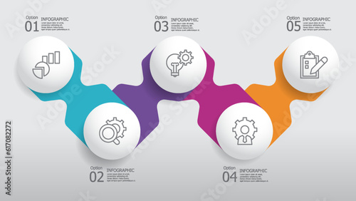 horizontal round circle steps timeline infographic element report background with business line icon 5 steps