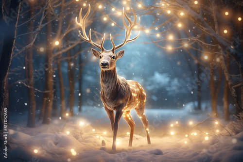 A magic festive reindeer covered in glowing lights in a winter scene. ai generative