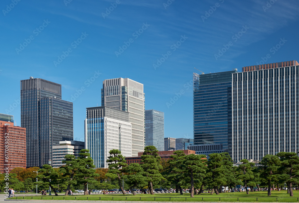 Skyscrapers of Marunouchi district, viewed through the Kokyo Gaien National Garden. Tokyo. Japan Skyscrapers of Marunouchi district, viewed through the Kokyo Gaien National Garden. Tokyo. Japan