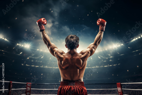 boxer celebrating victory raising his hands up, view from the back.ai generative