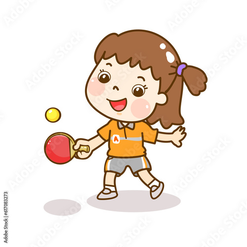 
Cartoon kid playing table tennis character.
