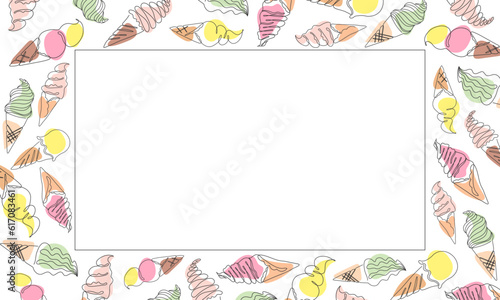 Frame made of contours of ice cream on white background. Colorful Summer food one line doodle template