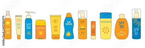 Sun protection collection. Flat sunscreen set. Summer Background with sunbathing products