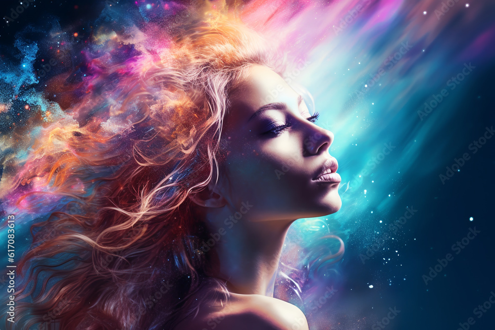 beautiful fantasy abstract double exposure portrait of beautiful woman with colorful digital paint splash or space nebula. ai generative