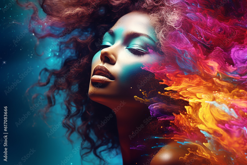 beautiful fantasy abstract double exposure portrait of beautiful woman with colorful digital paint splash or space nebula. ai generative
