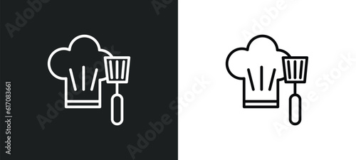 chef cooking on stove line icon in white and black colors. chef cooking on stove flat vector icon from chef cooking on stove collection for web, mobile apps and ui.