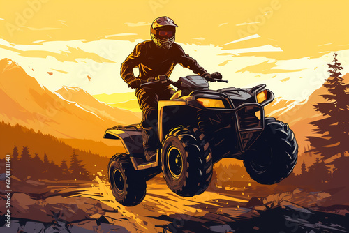 Man jumping atv vehicle on offroad track in touristic tour  extreme sport activities theme. ai generative