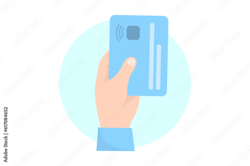 Hand with credit card payment. Shopping flat style icons in red and blue colors Hand with credit card payment. Shopping flat style icons in red and blue colors