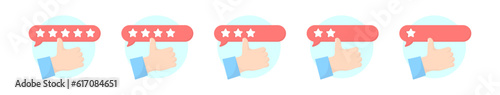 Thumbs up hand and from five to one star rating. Shopping flat style icons in red and blue colors