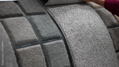 Mature woman runs hand over carpet samples shopping in large hardware store for home renovation project.